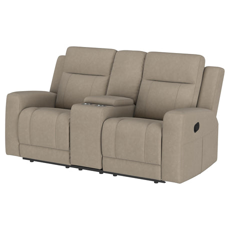 Reclined position of Brentwood taupe loveseat