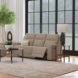 Brentwood taupe upholstered manual motion reclining sofa side view showing recliner