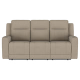 Brentwood taupe upholstered manual motion reclining sofa closeup of tufted cushions
