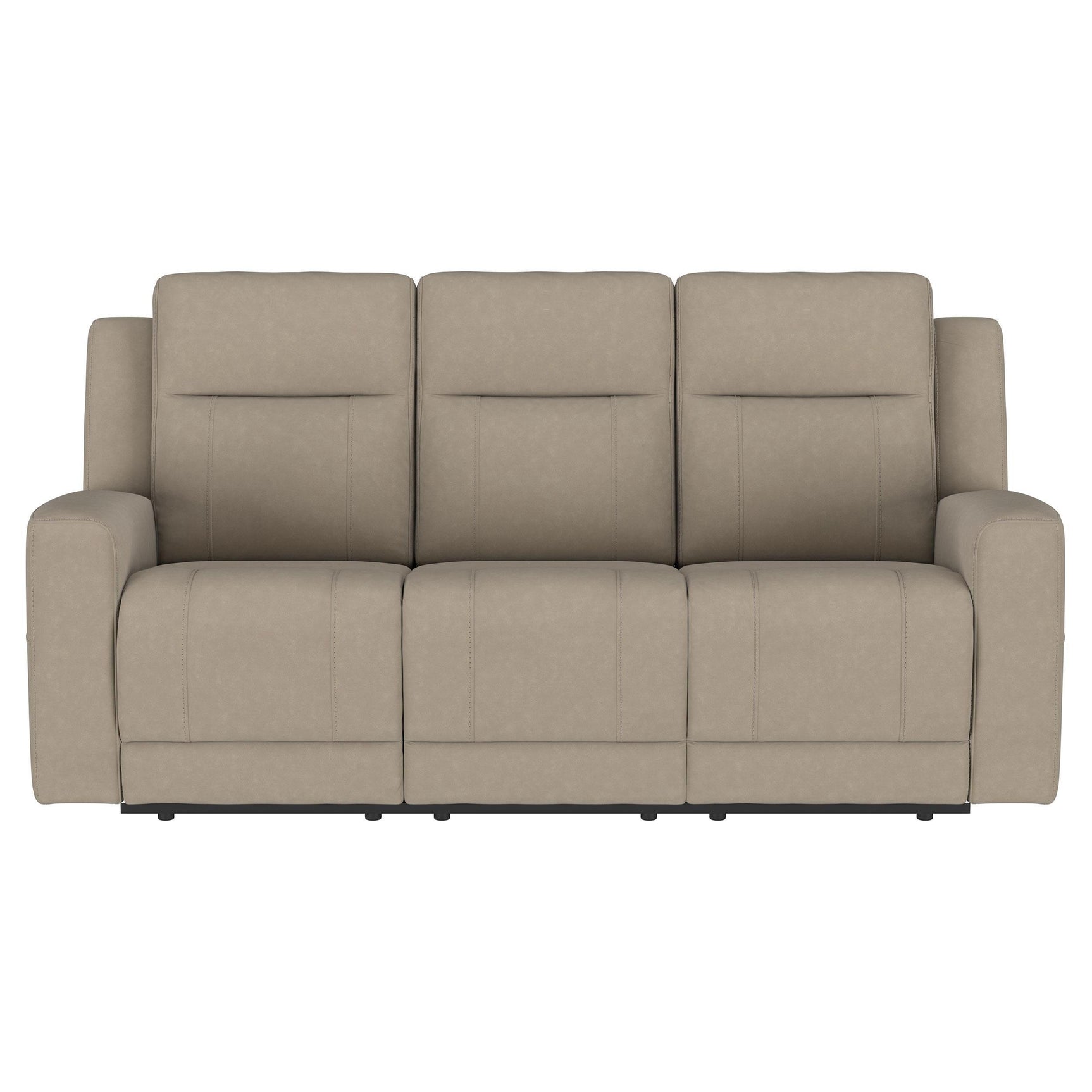 Brentwood taupe upholstered manual motion reclining sofa closeup of tufted cushions