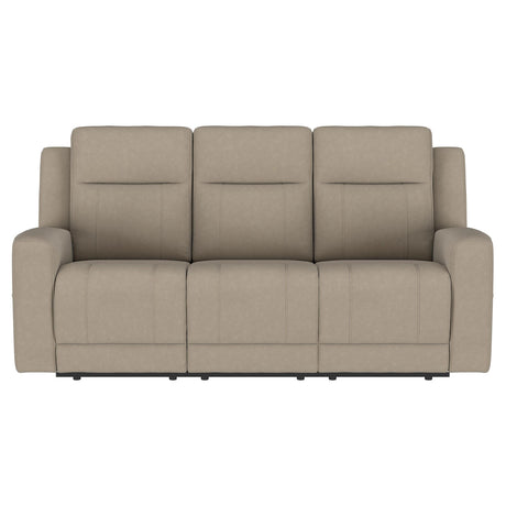 Brentwood taupe upholstered manual motion reclining sofa closeup of tufted cushions
