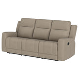 Brentwood taupe upholstered manual motion reclining sofa recliner extended position