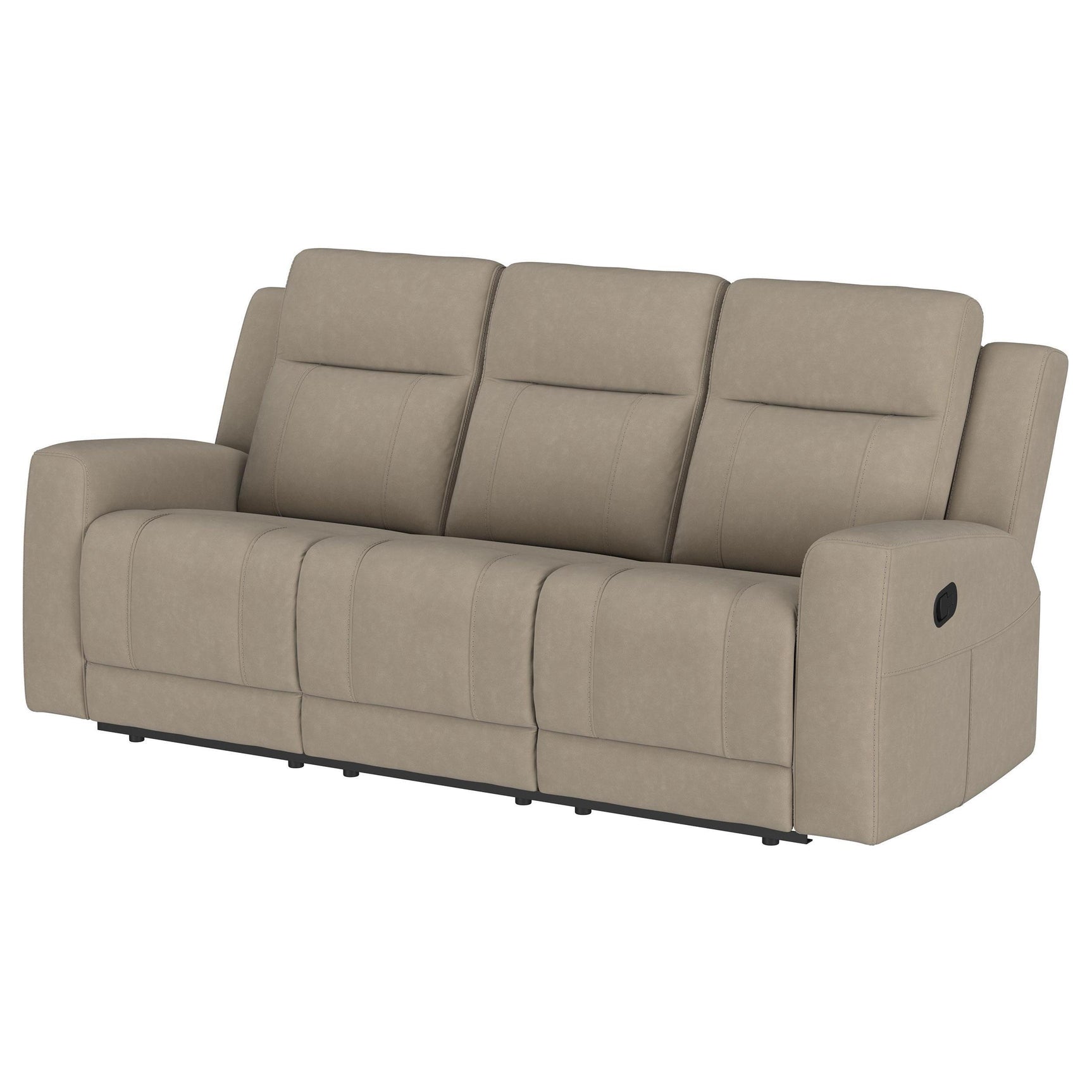 Brentwood taupe upholstered manual motion reclining sofa recliner extended position