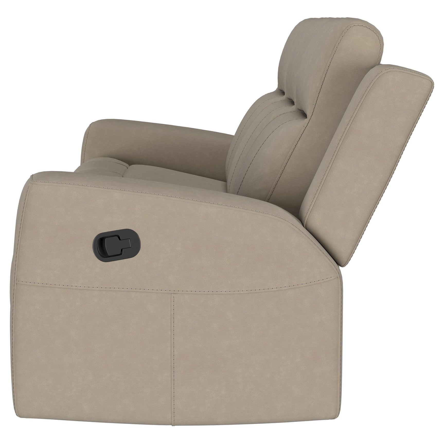 Brentwood taupe upholstered manual motion reclining sofa angled from side