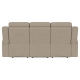 Brentwood taupe upholstered manual motion reclining sofa armrest detail
