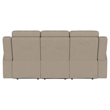 Brentwood taupe upholstered manual motion reclining sofa armrest detail