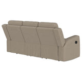 Brentwood taupe upholstered manual motion reclining sofa seat cushion detail