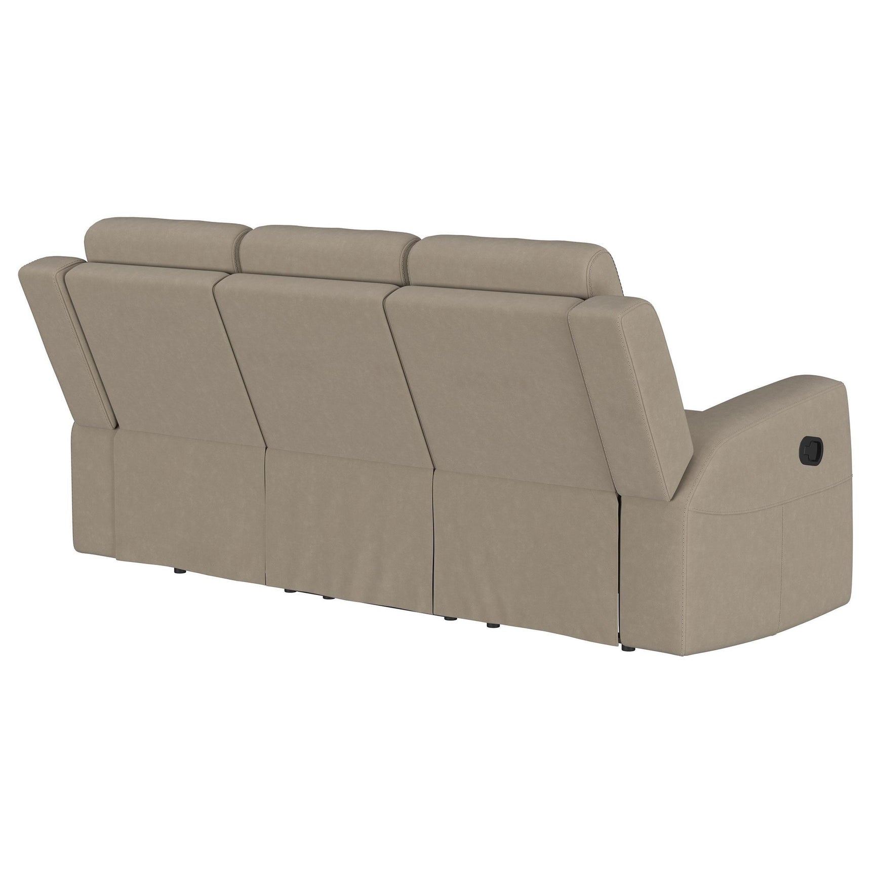 Brentwood taupe upholstered manual motion reclining sofa seat cushion detail
