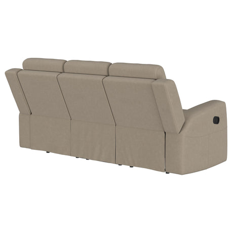 Brentwood taupe upholstered manual motion reclining sofa seat cushion detail
