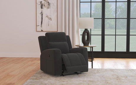 Brentwood black upholstered rocker recliner chair side angle