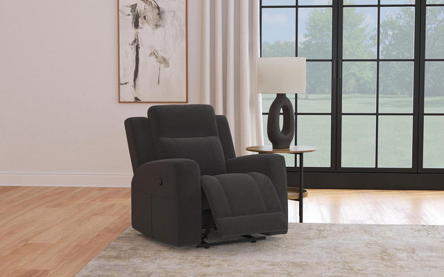 Brentwood black upholstered rocker recliner chair side angle