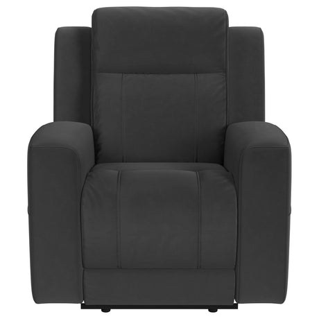 Brentwood black upholstered rocker recliner chair reclining position