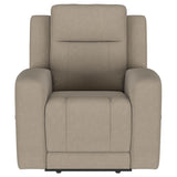 Side angle of Brentwood taupe upholstered rocker recliner
