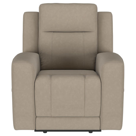 Side angle of Brentwood taupe upholstered rocker recliner