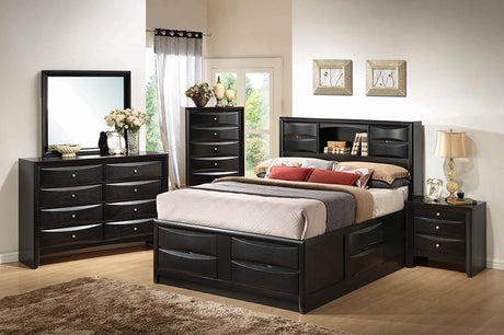 Bedroom view of Briana Black Platform Storage Bedroom Set bed
