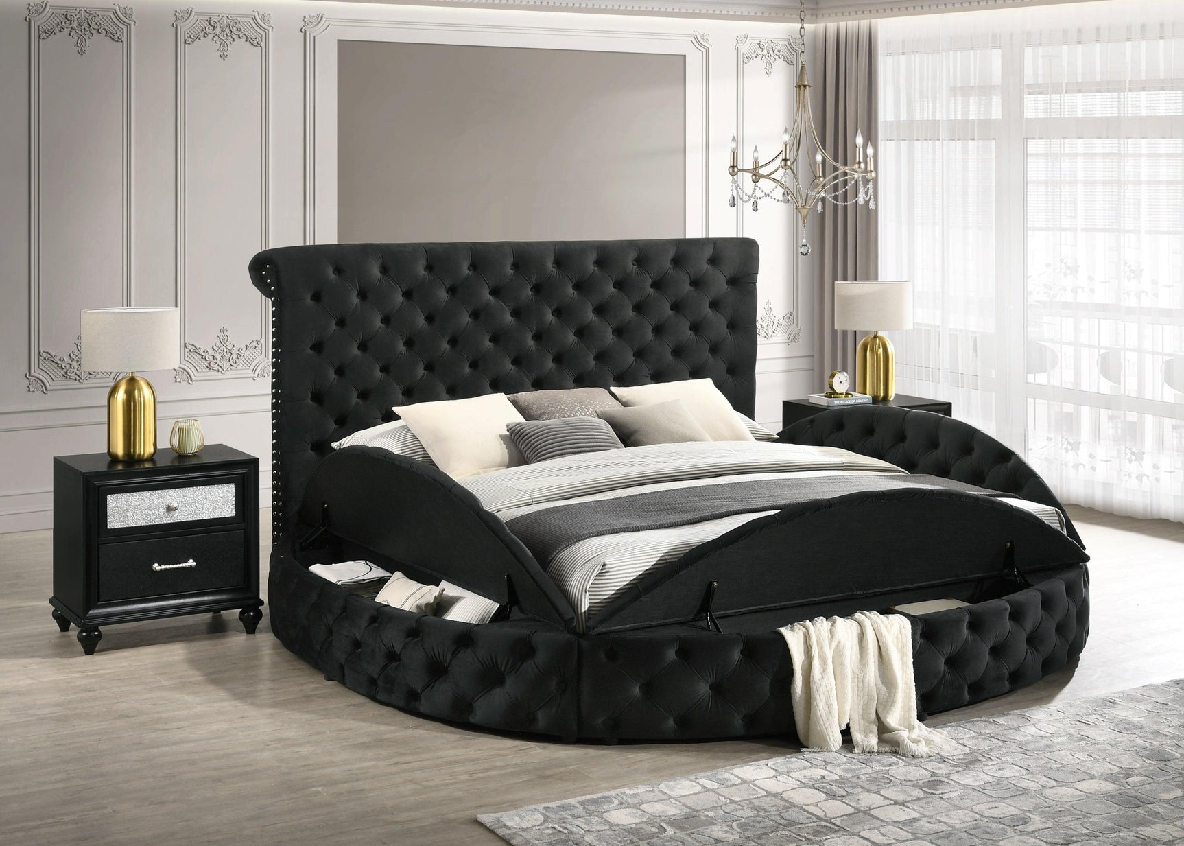Brigitte Black Modern Solid Wood Velvet Upholstered Tufted Storage King Bed - Ella Furniture
