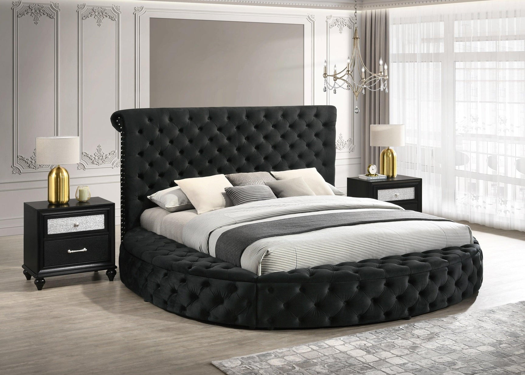 Brigitte Black Modern Solid Wood Velvet Upholstered Tufted Storage King Bed - Ella Furniture