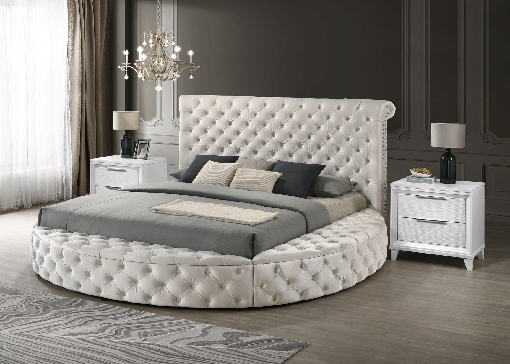 Brigitte Ivory Modern Solid Wood Velvet Upholstered Tufted Storage Queen Bed - Ella Furniture