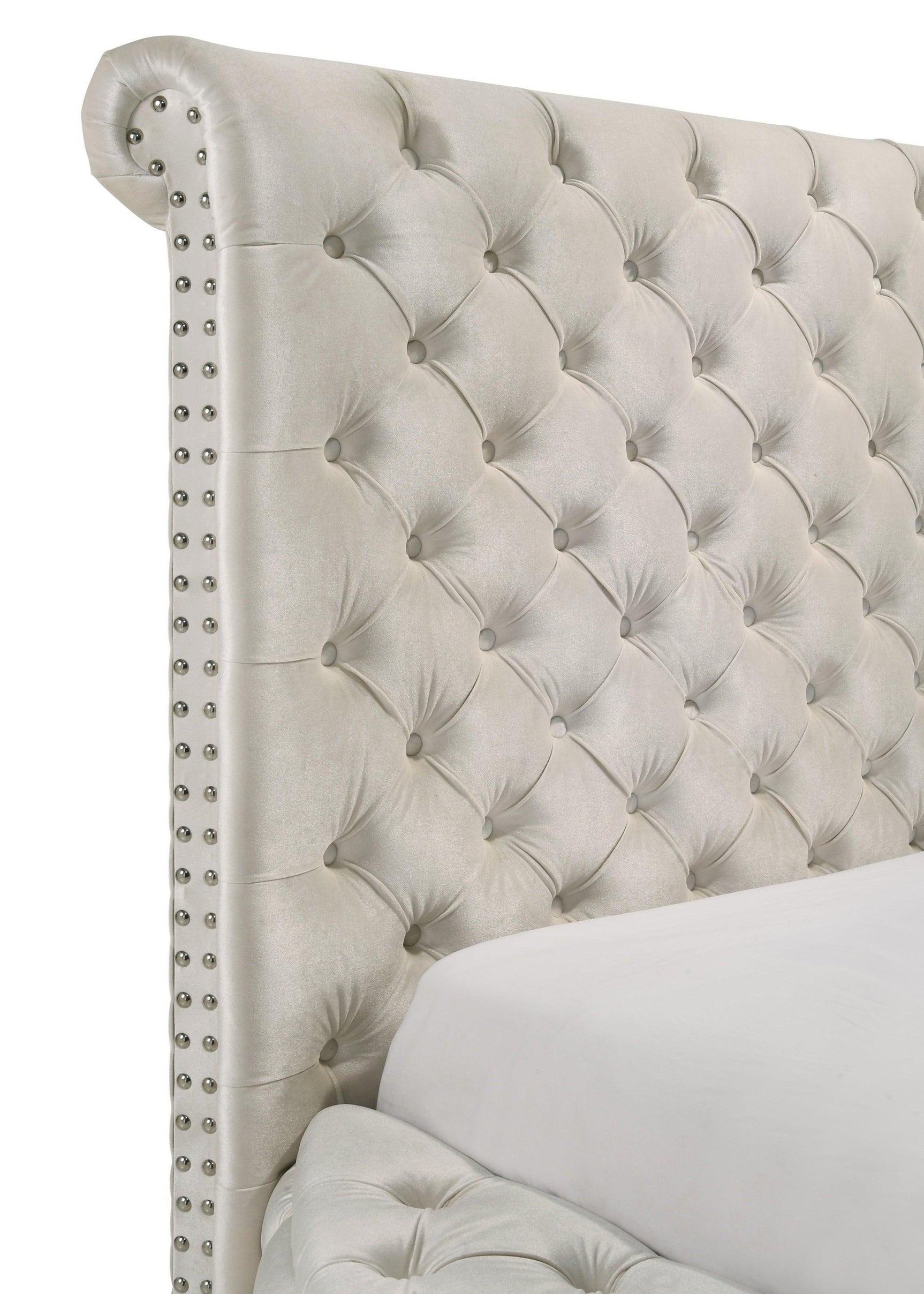 Brigitte Ivory Modern Solid Wood Velvet Upholstered Tufted Storage Queen Bed - Ella Furniture