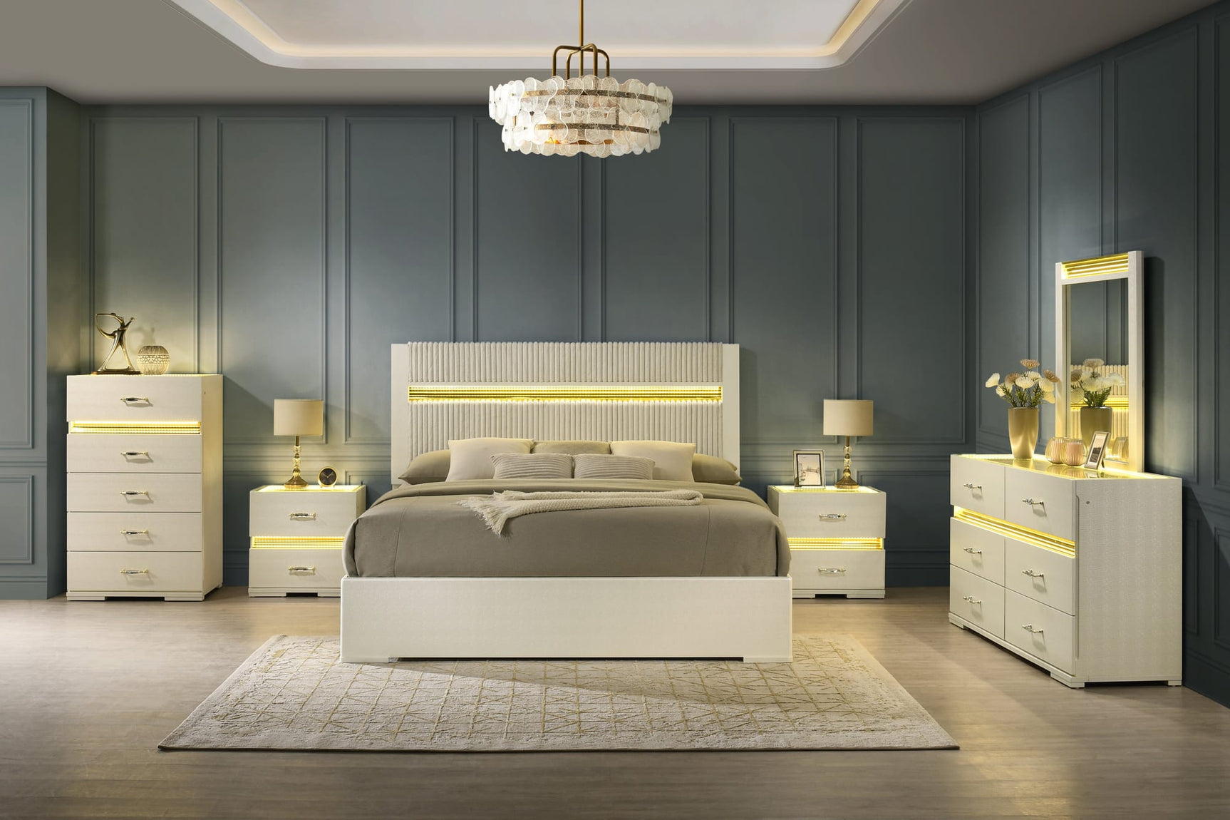 Brillia Ivory Faux-Crocodile Bedroom Set with Integrated LED Lighting and Crystal Hardware from Decor Furniture