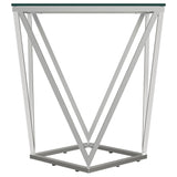 Side angle of Brittania square glass top end table with nickel finish