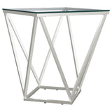 Brittania end table showing glass surface and metal diamond base