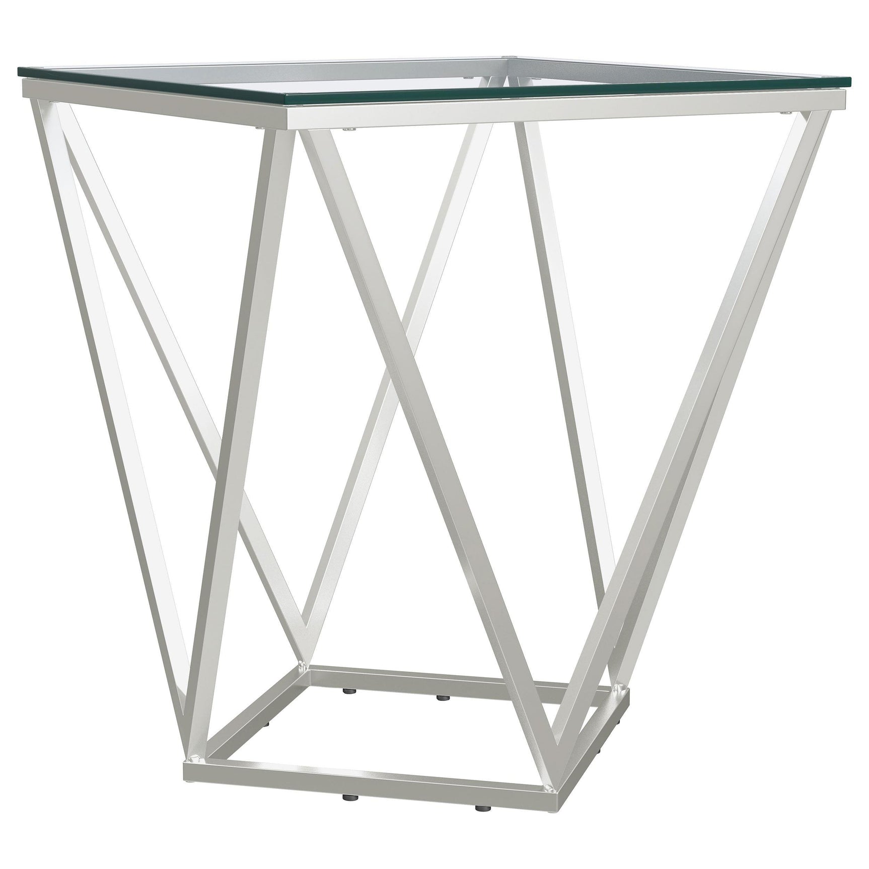 Brittania end table showing glass surface and metal diamond base