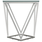 Top view of Brittania glass end table with geometric nickel frame