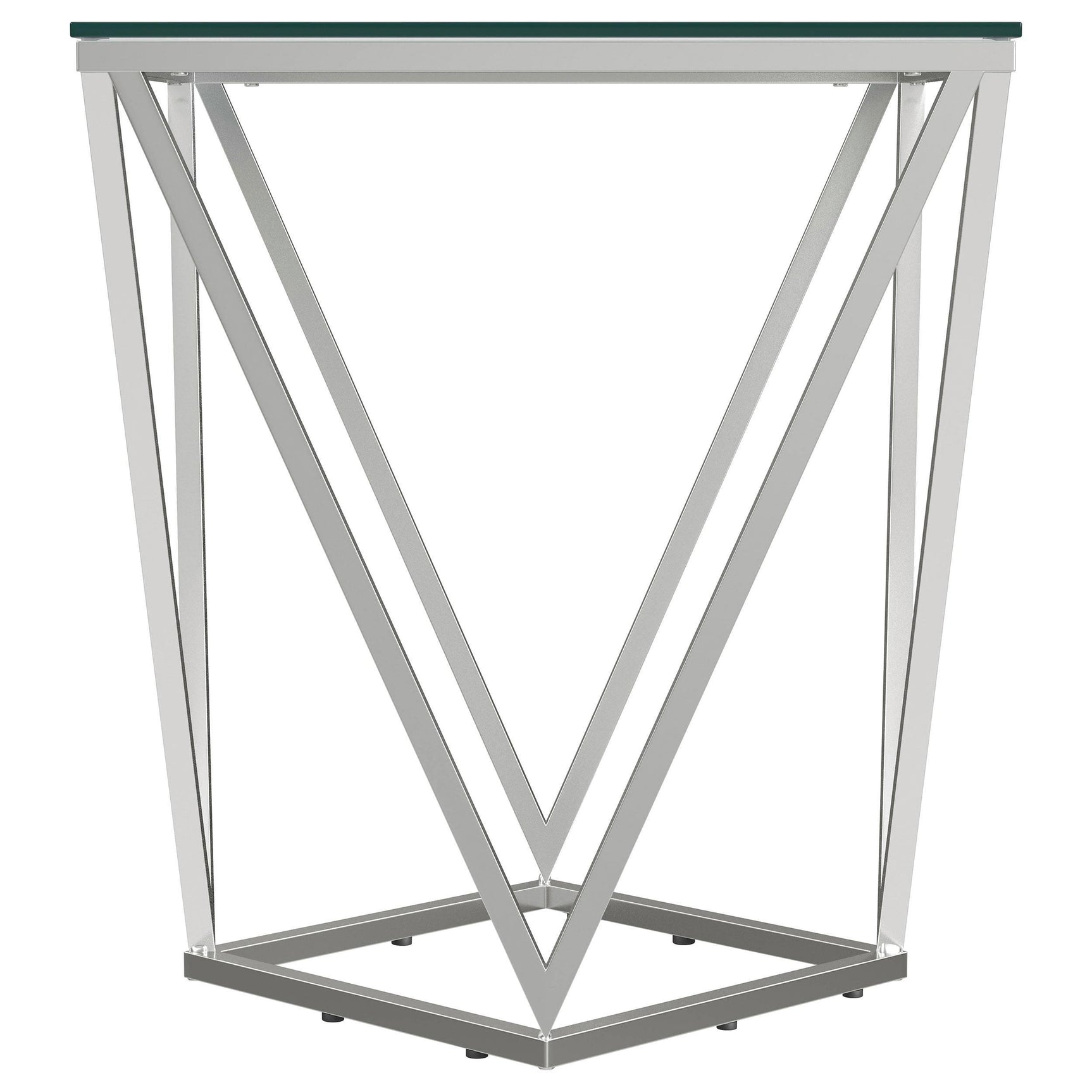 Top view of Brittania glass end table with geometric nickel frame
