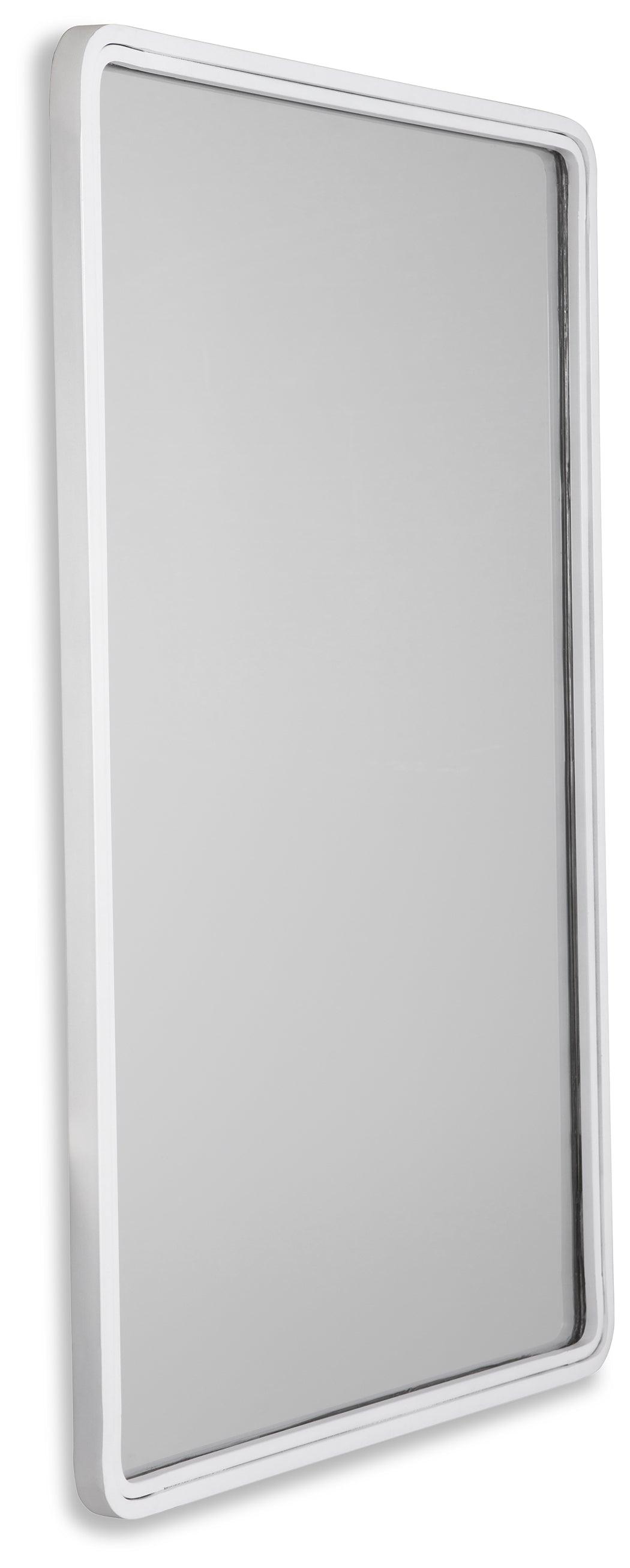 Close-up of white metal frame and beveled glass
