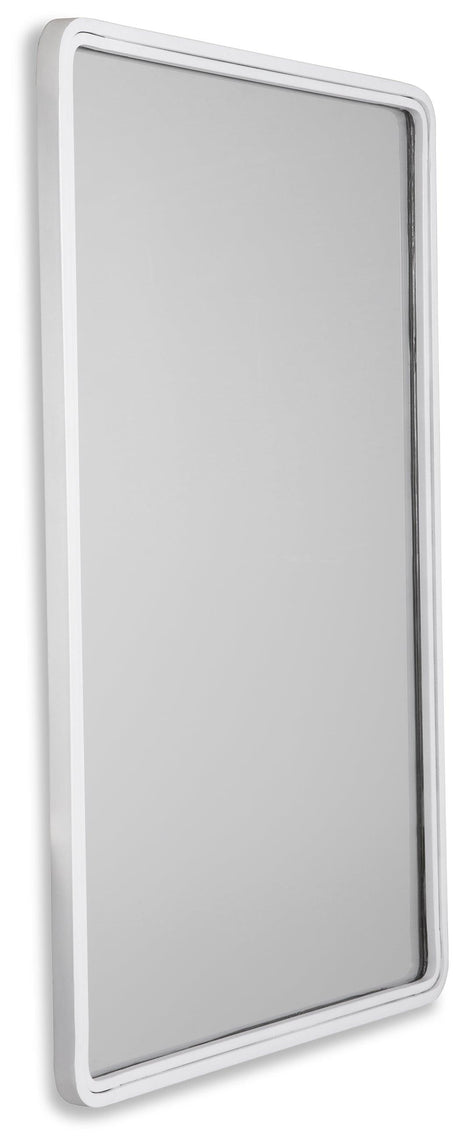 Close-up of white metal frame and beveled glass