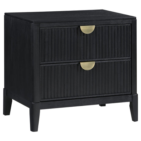Brookmead Black 2-Drawer Nightstand front view showing fluted black drawers