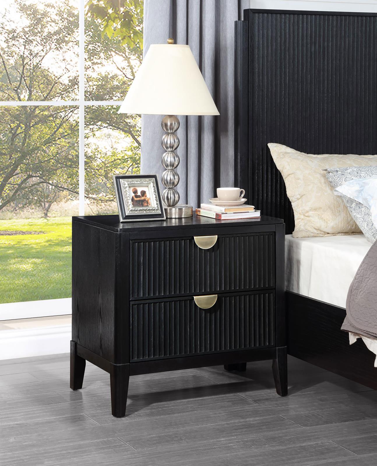 Side angle of Brookmead nightstand highlighting metallic half-moon handles