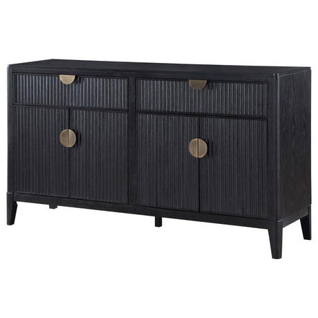 Storage cabinet interior with shelves behind doors