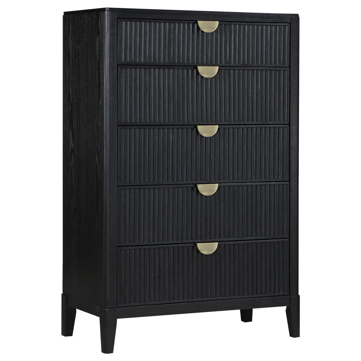 Brookmead 5-drawer black bedroom chest angled front view