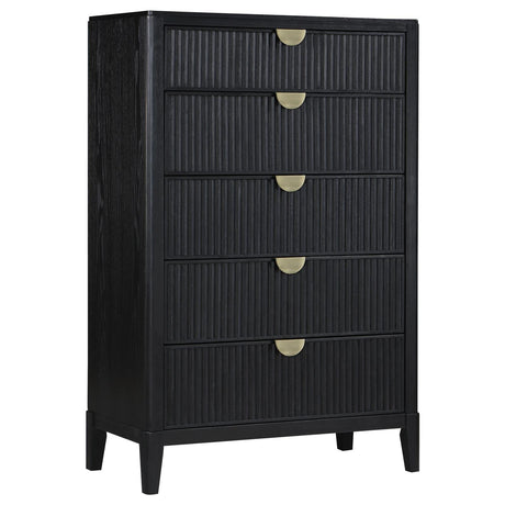 Brookmead 5-drawer black bedroom chest angled front view