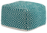 Side view of Brynnsen teal and ivory handwoven pouf