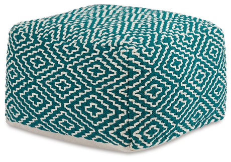 Side view of Brynnsen teal and ivory handwoven pouf
