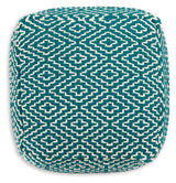 Brynnsen teal and ivory pouf showing zipper detail