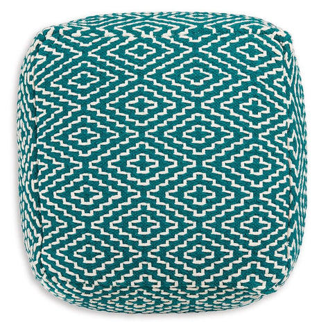 Brynnsen teal and ivory pouf showing zipper detail
