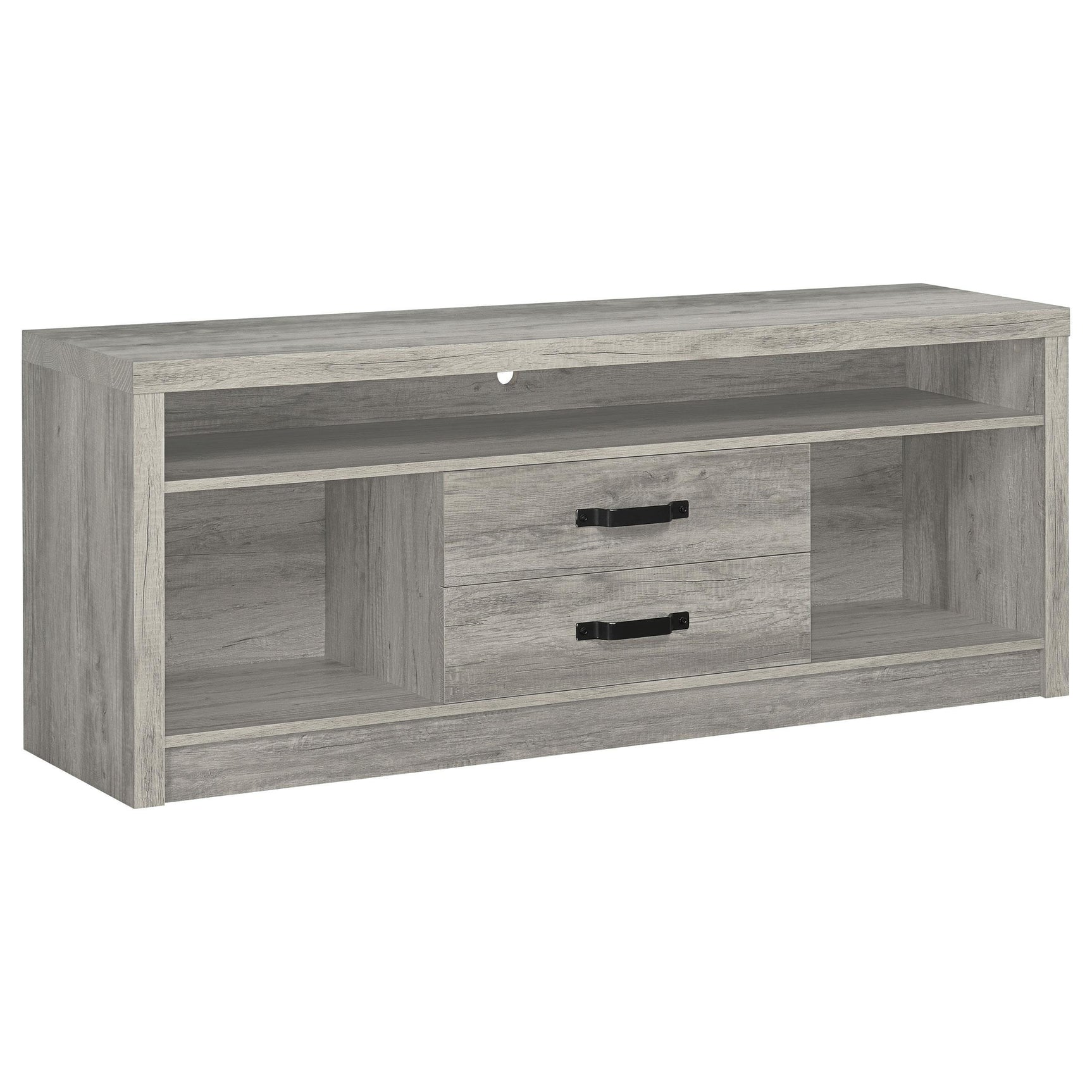 Close-up of drawers and pull handles on Burke TV stand
