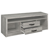 Media tower cabinet door detail in grey driftwood finish