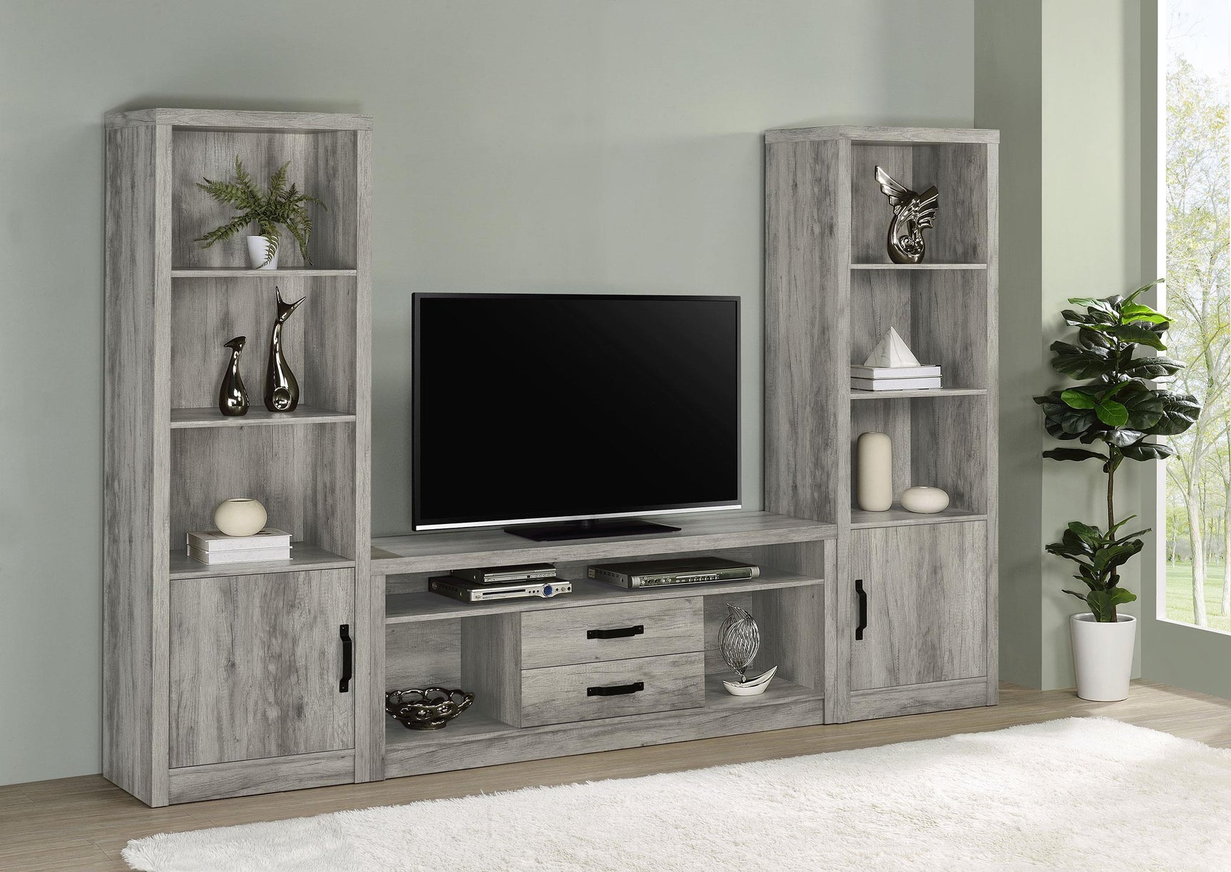 TV stand with open shelves and drawers in Burke set