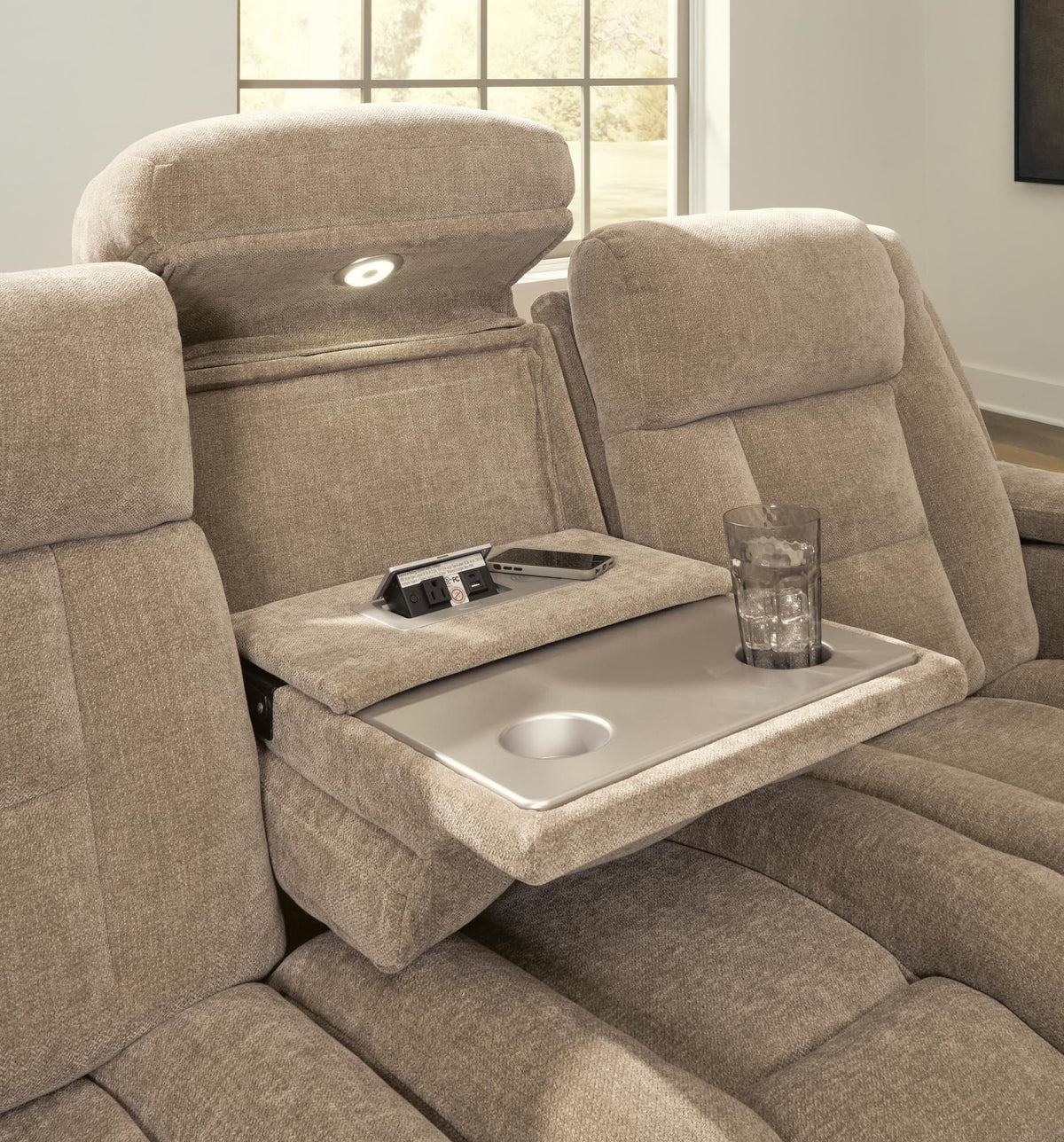 Mixed Motion Brownstone Chenille / Faux Leather Power Reclining Sofa — detail view