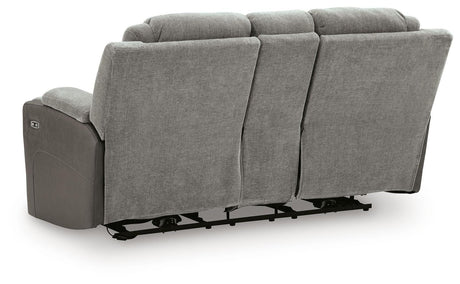 Mixed Motion Shadow Chenille / Faux Leather Power Reclining Loveseat with Console — back view