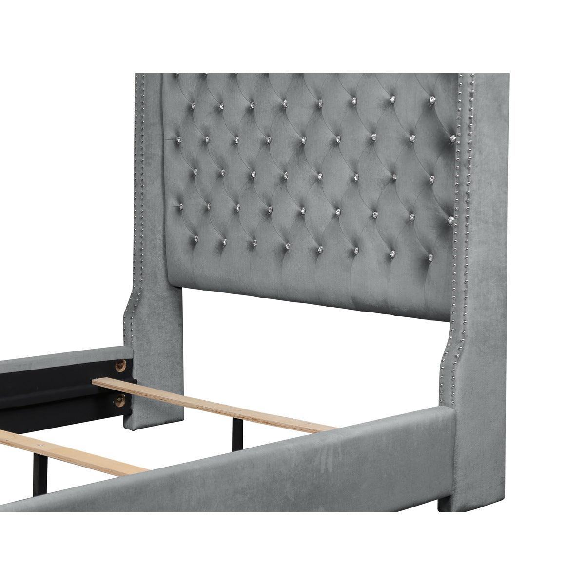 Full view of Jacklyn Gray gray velvet queen panel bed