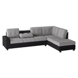 Detail of tufted gray fabric upholstery on sectional sofa