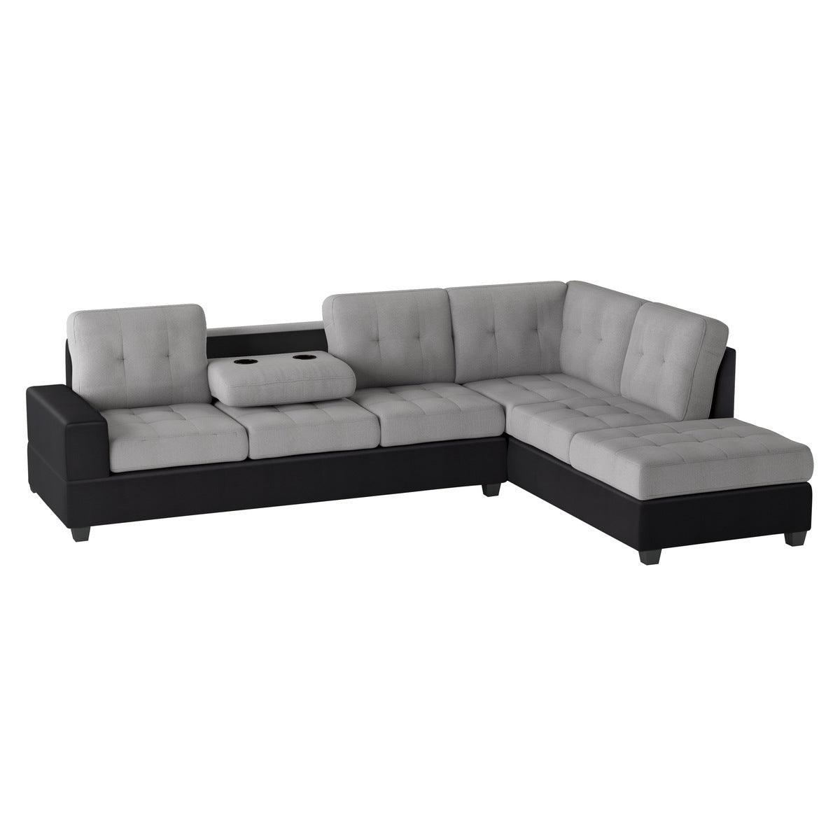 Detail of tufted gray fabric upholstery on sectional sofa
