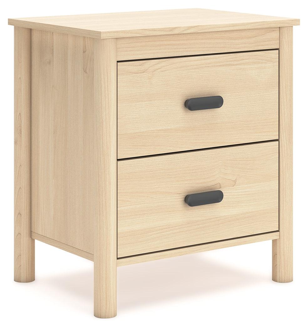Side angle of Cabinella Tan Nightstand highlighting wood grain finish