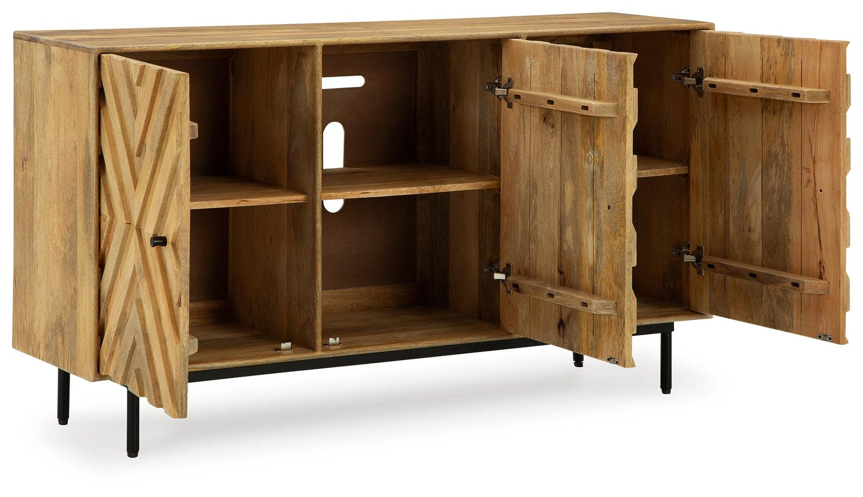 Close-up of Cadewick cabinet metal hardware and black legs